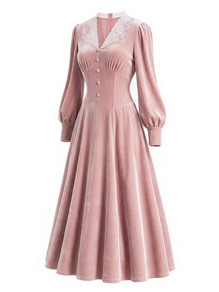 [Prévente] Robe rose en velours à col en dentelle et manches longues Années 1930 - 3