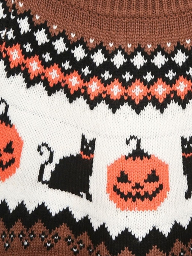 Pull marron rayé en maille à imprimé citrouilles et chats d’Halloween années 1940