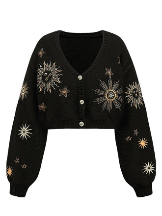 Cardigan court en maille brodée soleil et étoiles années 1960