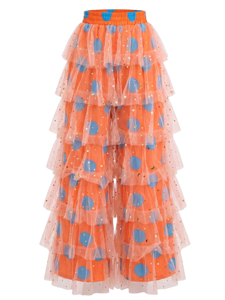Pantalon disco orange en tulle à pois et volants superposés années 1970