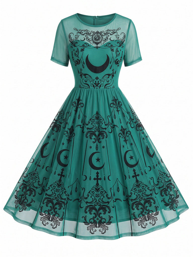 [Prévente] Robe gothique évasée à col rond et tulle céleste années 1950