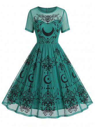 [Prévente] Robe gothique évasée à col rond et tulle céleste années 1950