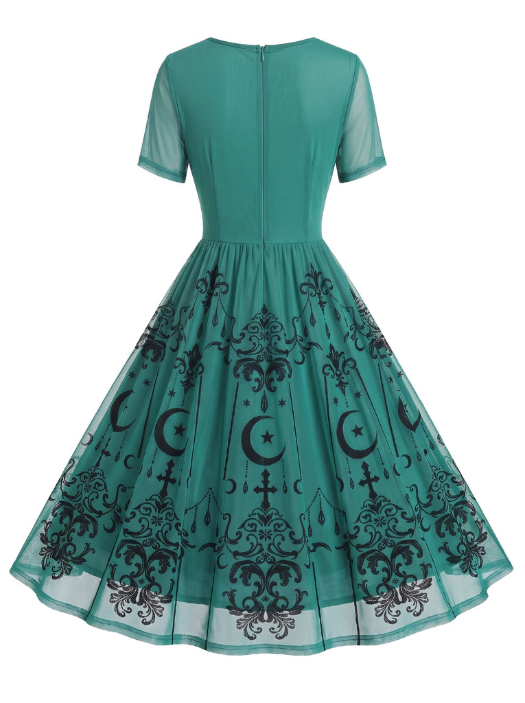 [Prévente] Robe gothique évasée à col rond et tulle céleste années 1950
