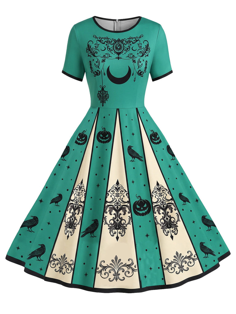 [Prévente] Robe turquoise d’Halloween à corbeau, citrouille et style steampunk années 1950