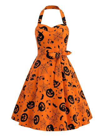 [Prévente] Robe orange évasée à citrouilles, chauves-souris, toiles d’araignée et dos nu Halter années 1950