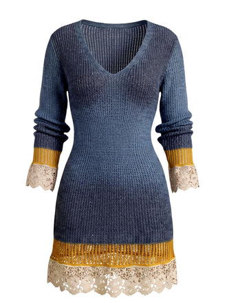 Robe courte bleue en maille à col V et bordures en dentelle contrastée années 1960 - 1