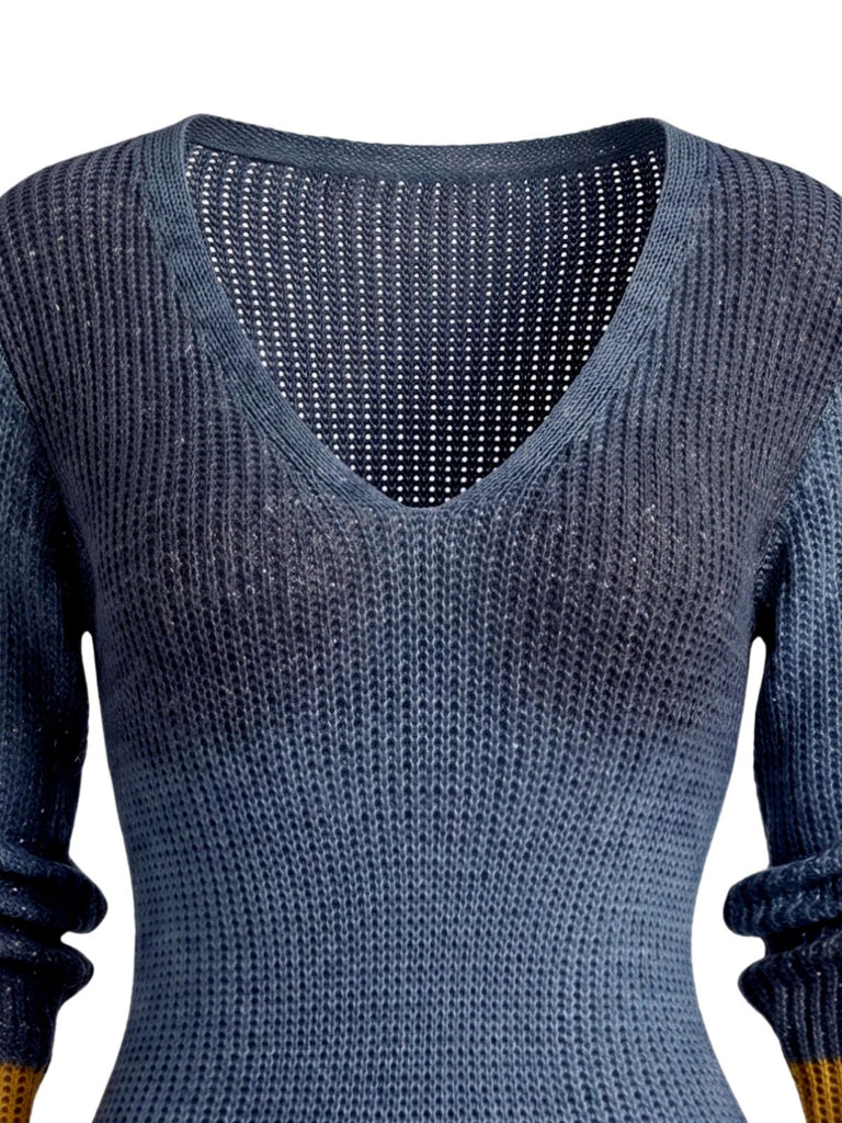 Robe courte bleue en maille à col V et bordures en dentelle contrastée années 1960 - 5
