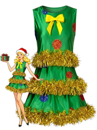 Robe trapèze sans manches verte effet guirlande de Noël années 70