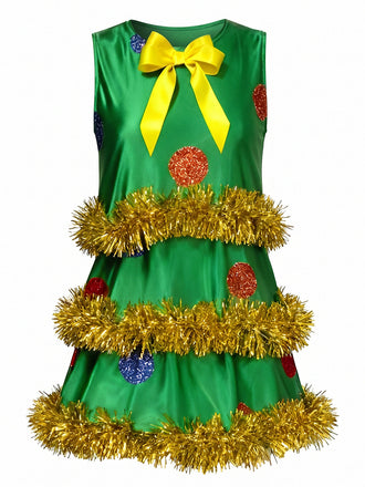 Robe évasée verte sans manches à sapin de Noël et guirlandes années 1970 - 1