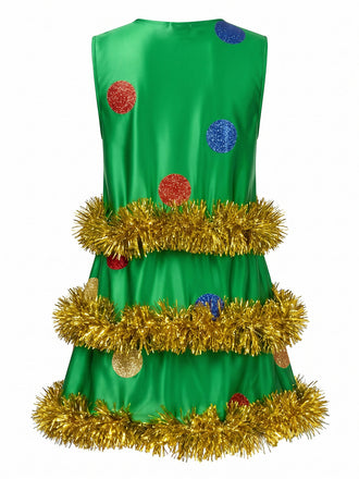 Robe évasée verte sans manches à sapin de Noël et guirlandes années 1970 - 2