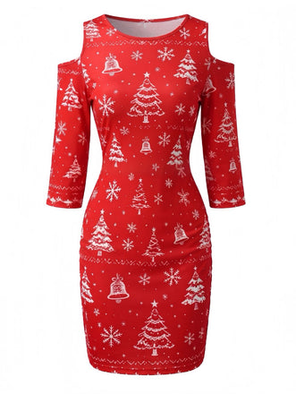 Robe crayon rouge à épaules ajourées et imprimé sapins et flocons de Noël Années 1960 - 2