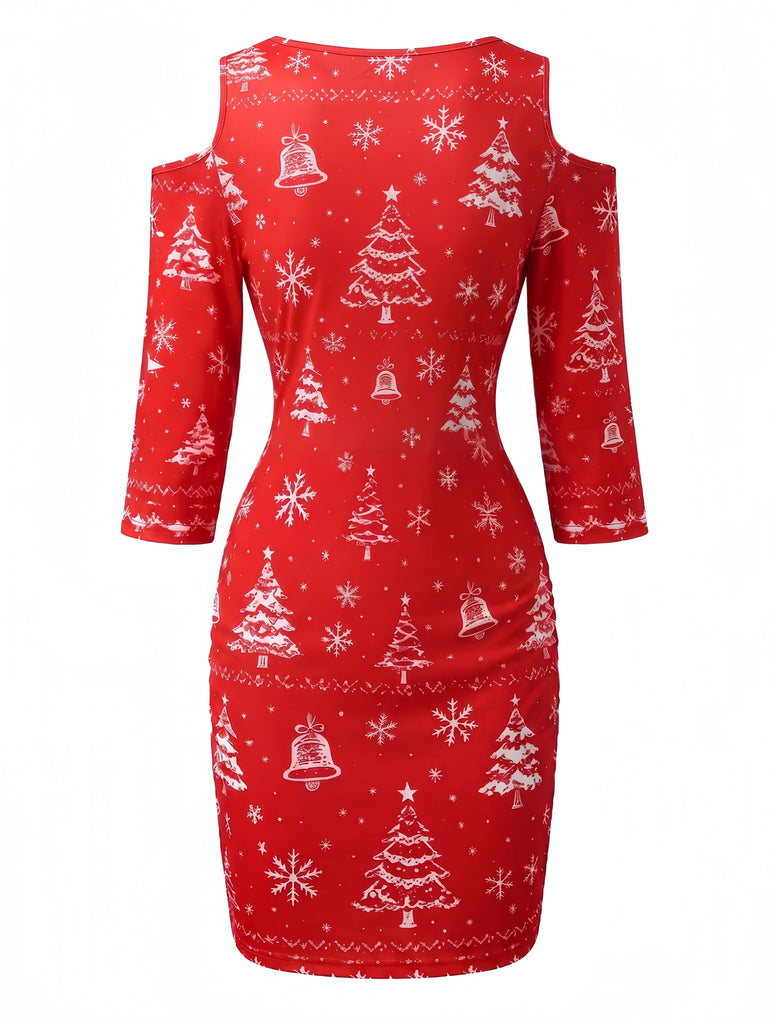Robe crayon rouge à épaules ajourées et imprimé sapins et flocons de Noël Années 1960 - 3