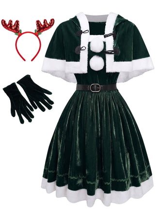 Ensemble robe bandeau et cape Noël velours vert années 1950