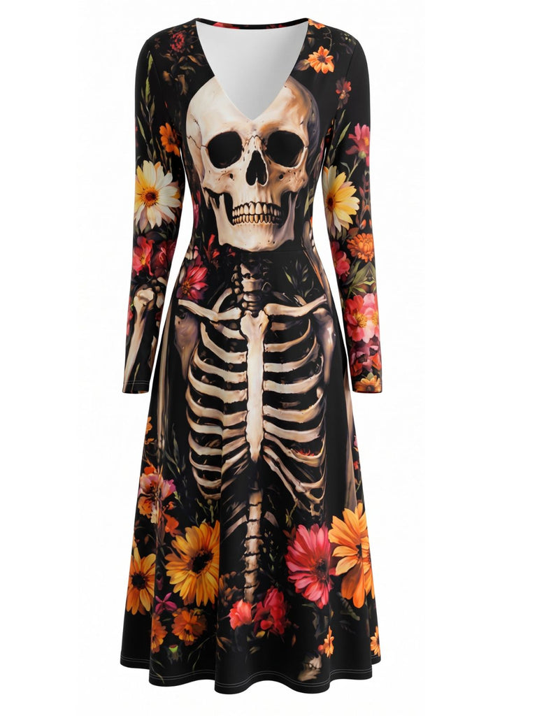 Robe midi à imprimé crânes, squelettes et fleurs, manches longues années 1940 - 5