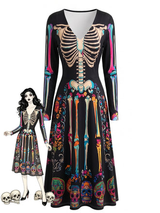 Robe midi à imprimé crânes, squelettes et fleurs, manches longues années 1940 - 1