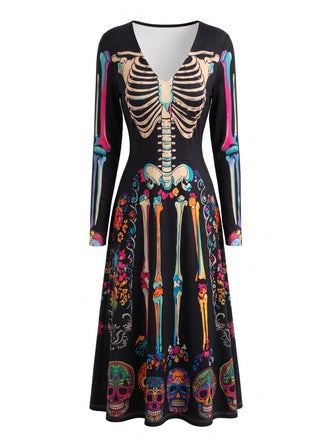 Robe midi à imprimé crânes, squelettes et fleurs, manches longues années 1940 - 2