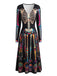 Robe midi à imprimé crânes, squelettes et fleurs, manches longues années 1940 - 2