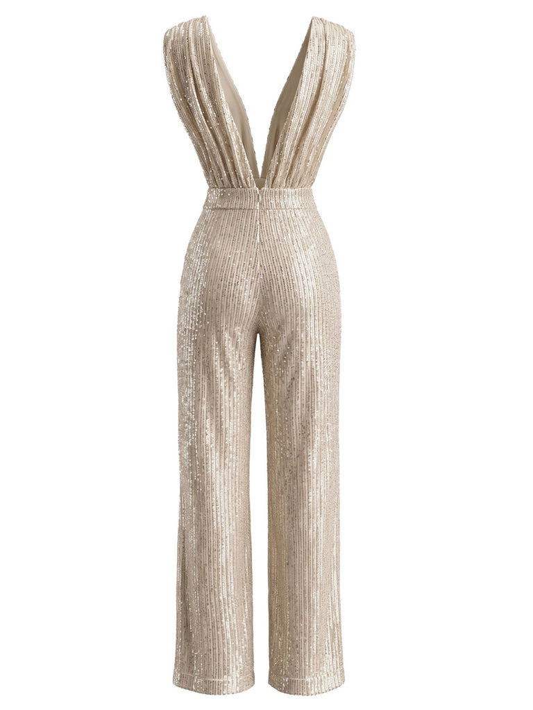 Combinaison champagne à sequins décolleté V plongeant années 1980