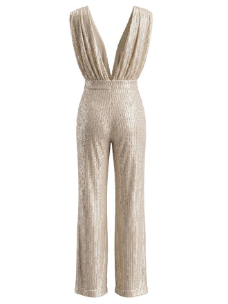 Combinaison champagne à sequins, décolleté V plongeant et jambes larges années 1980 - 2