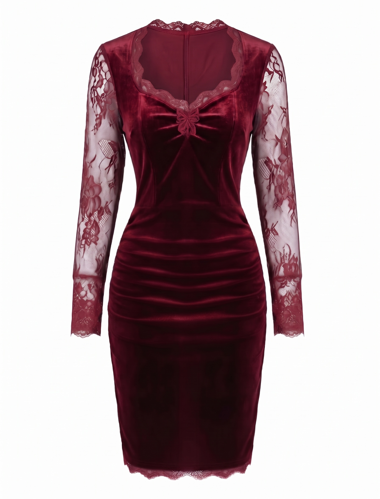 Robe moulante en velours à manches en dentelle Années 1960 - 2