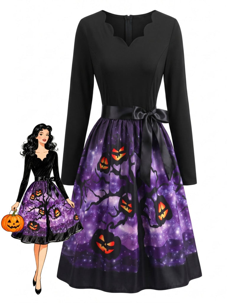 Robe violette d’Halloween à citrouilles, encolure pétale et nœud à la taille Années 1950 - 1
