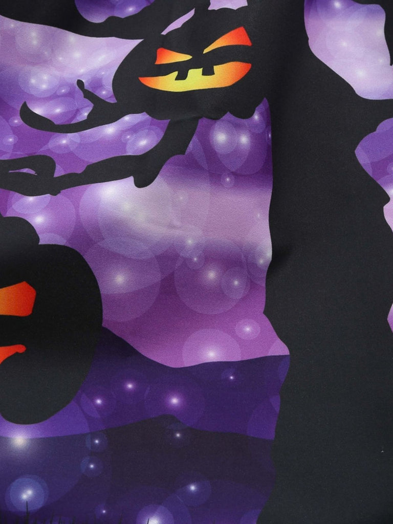 Robe violette d’Halloween à citrouilles, encolure pétale et nœud à la taille Années 1950 - 6