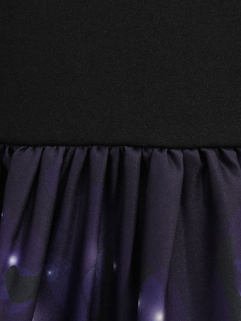 Robe violette d’Halloween à citrouilles, encolure pétale et nœud à la taille Années 1950 - 7