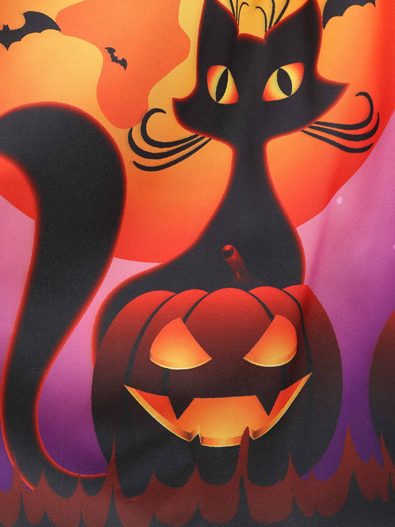 Robe évasée violette d’Halloween à chats et citrouilles, en dentelle années 1950