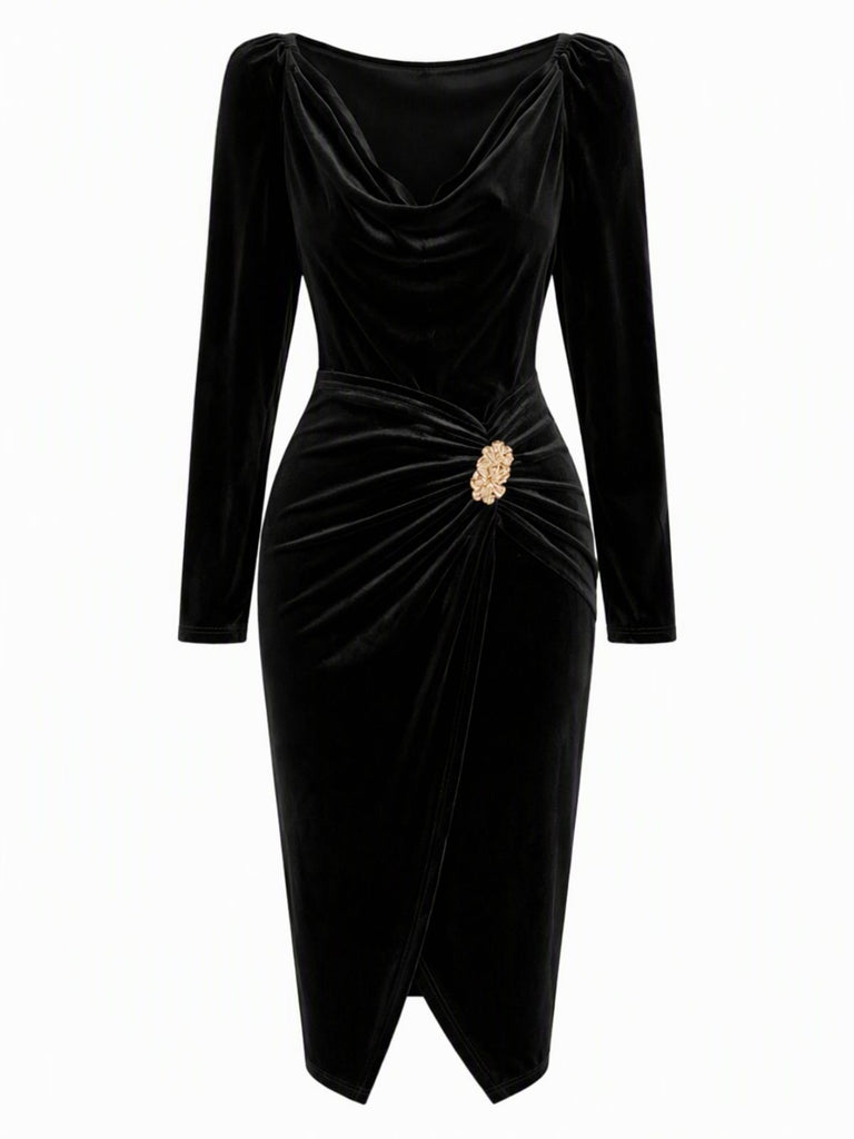 Robe moulante en velours à col drapé et taille drapée froncée Années 1960 - 4