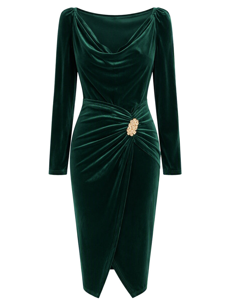 Robe moulante en velours à col drapé et taille drapée froncée Années 1960 - 2
