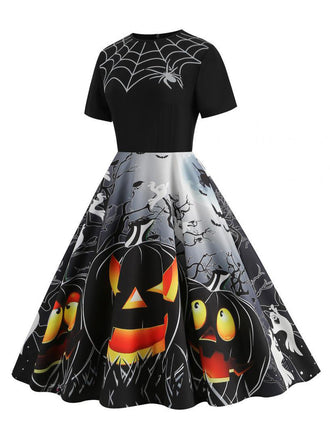 Robe évasée d’Halloween à imprimé toiles d’araignée et citrouilles années 1950