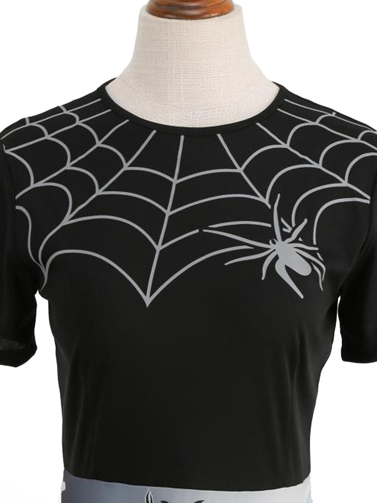 Robe évasée d’Halloween à imprimé toiles d’araignée et citrouilles années 1950