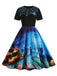 Robe évasée d’Halloween à imprimé toiles d’araignée et citrouilles années 1950