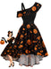 [Prévente] Robe noire d’Halloween asymétrique à citrouilles et chauves-souris années 1950