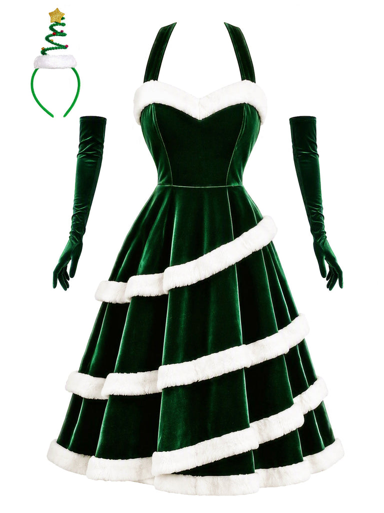 [Prévente] Robe trapèze verte en velours à motif sapins de Noël Années 1950 - 1