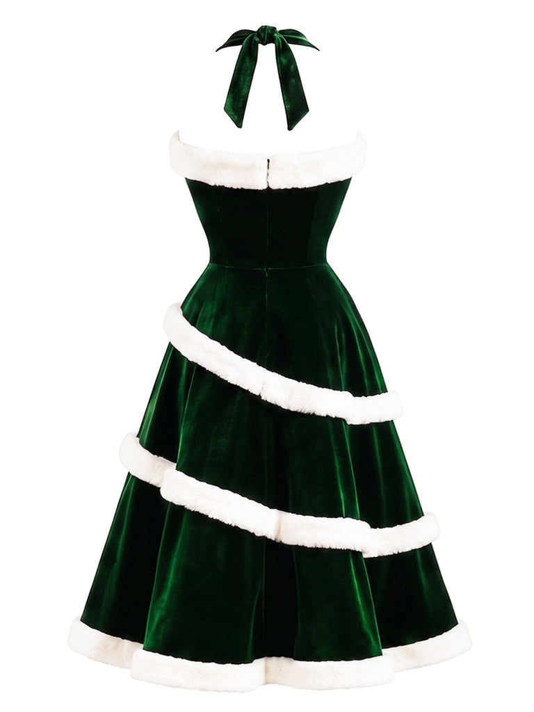 [Prévente] Robe trapèze verte en velours à motif sapins de Noël Années 1950 - 3