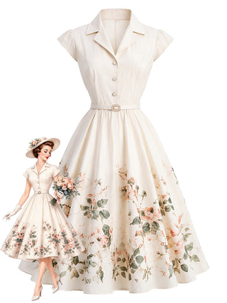 [Prévente] Robe blanche fleurie à revers, col V et mancherons années 1950 - 1