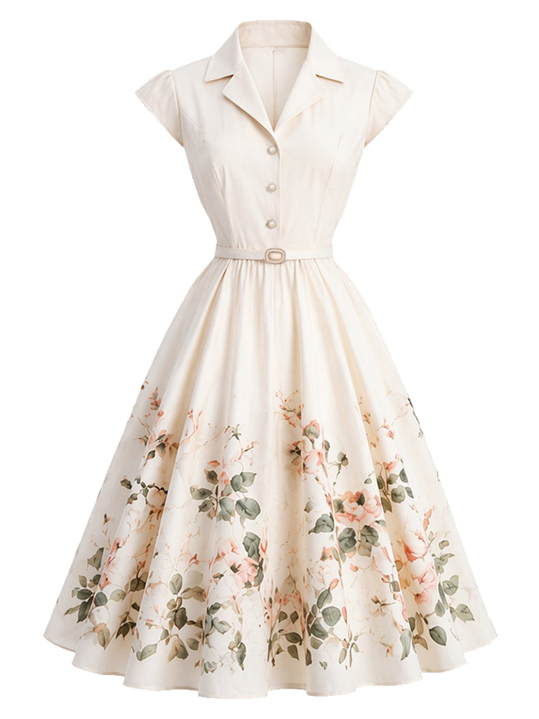 [Prévente] Robe blanche fleurie à revers, col V et mancherons années 1950 - 2