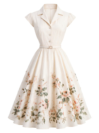 [Prévente] Robe blanche fleurie à revers, col V et mancherons années 1950 - 2