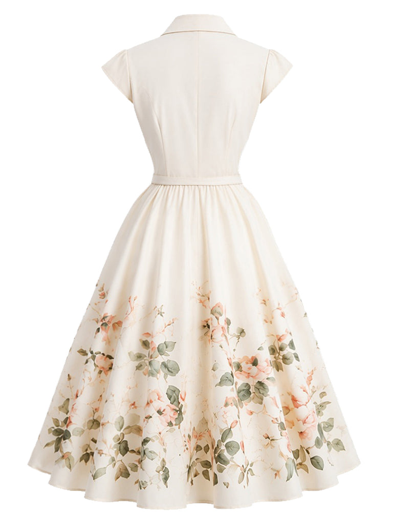 [Prévente] Robe blanche fleurie à revers, col V et mancherons années 1950 - 3