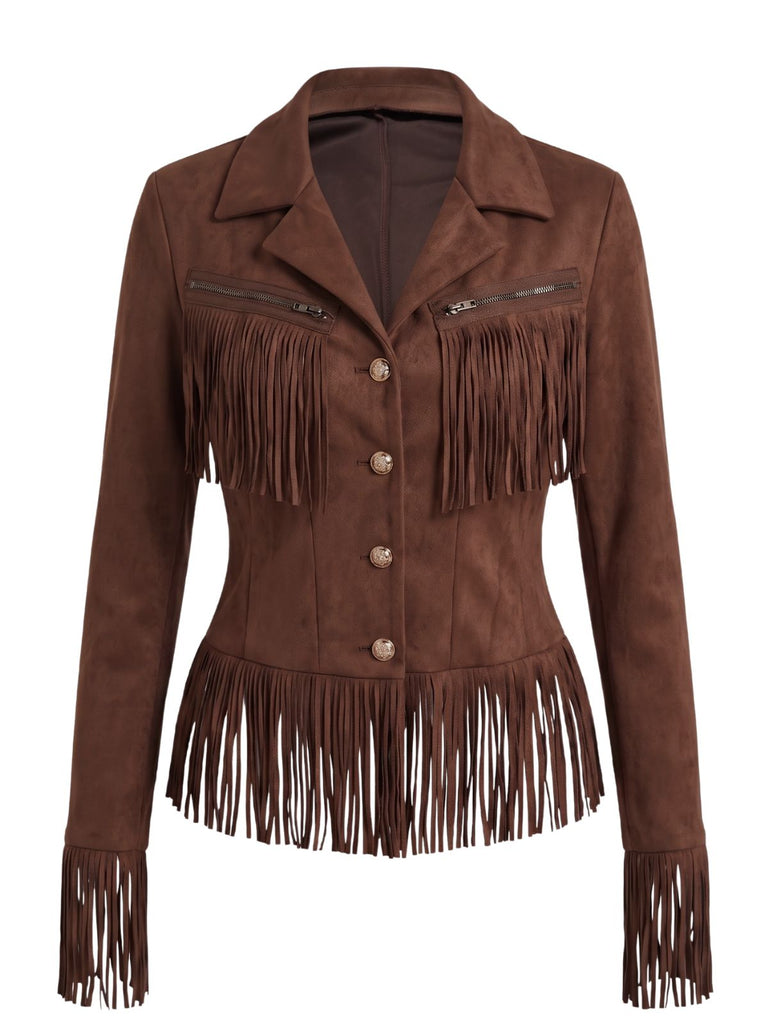 Veste western marron à franges en suédine années 1970