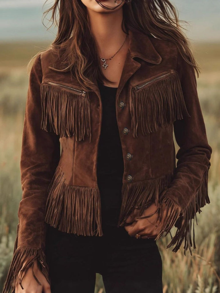 Veste western marron à franges en suédine années 1970