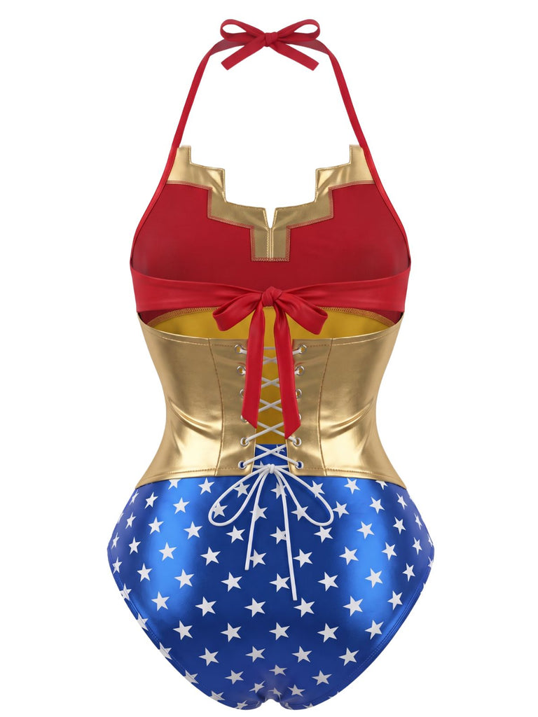 Body de costume inspiré de Wonder Woman à col dos nu années 1960