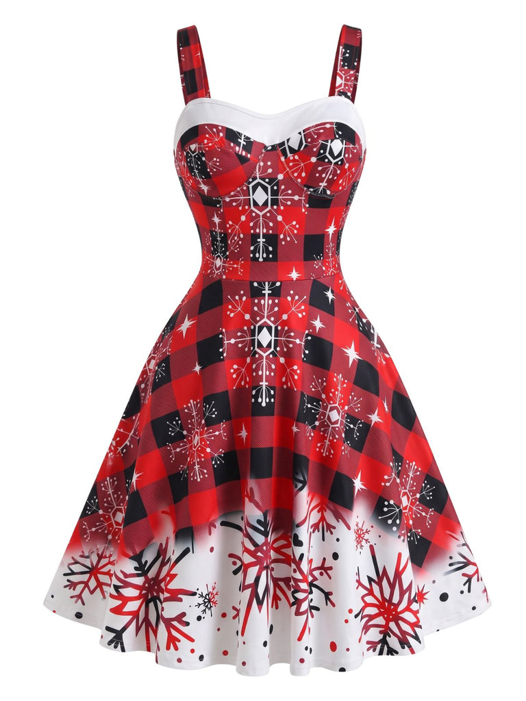 Ensemble robe rouge de Noël à carreaux, flocons et épaules dénudées Années 1950 - 2