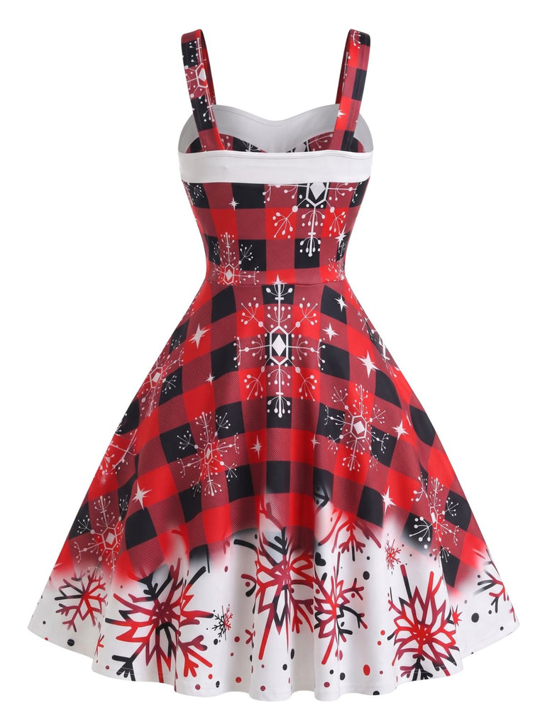 Ensemble robe rouge de Noël à carreaux, flocons et épaules dénudées Années 1950 - 3