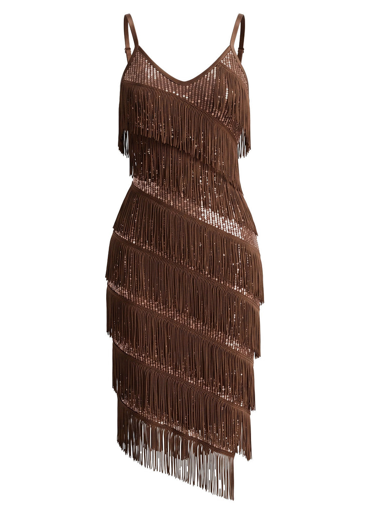 Robe de cocktail à sequins, franges et fines bretelles Années 1920 - 2