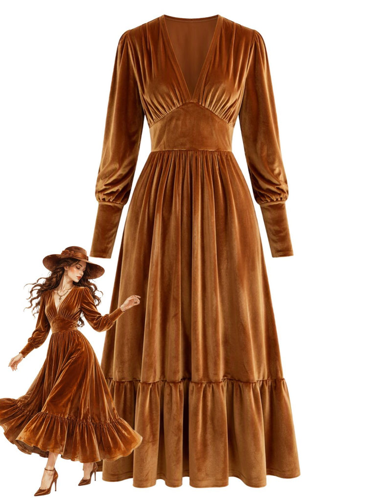 Robe en velours froncé à décolleté V profond et poignets ajustés Années 1970 - 1