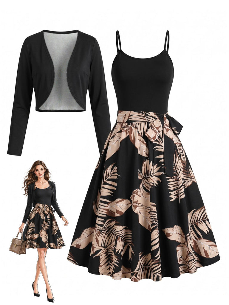 Ensemble robe dorée à imprimé palmiers, fines bretelles et nœud à la taille avec boléro Années 1950 - 1