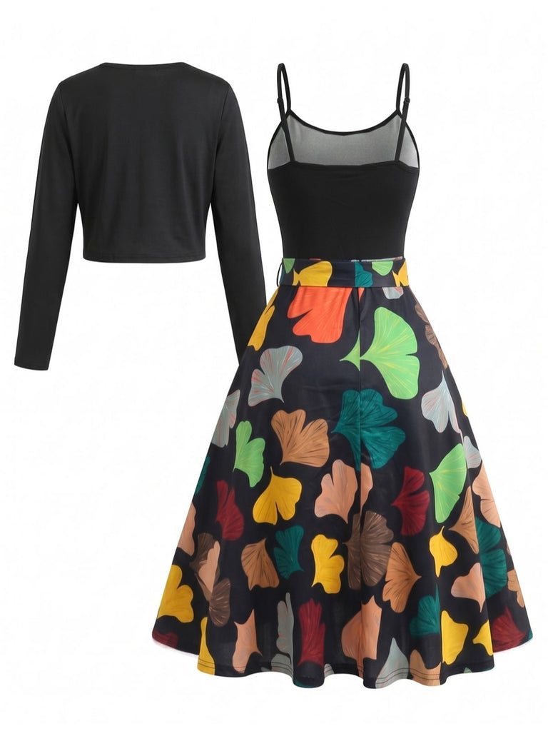 Ensemble robe dorée à imprimé palmiers, fines bretelles et nœud à la taille avec boléro Années 1950 - 5