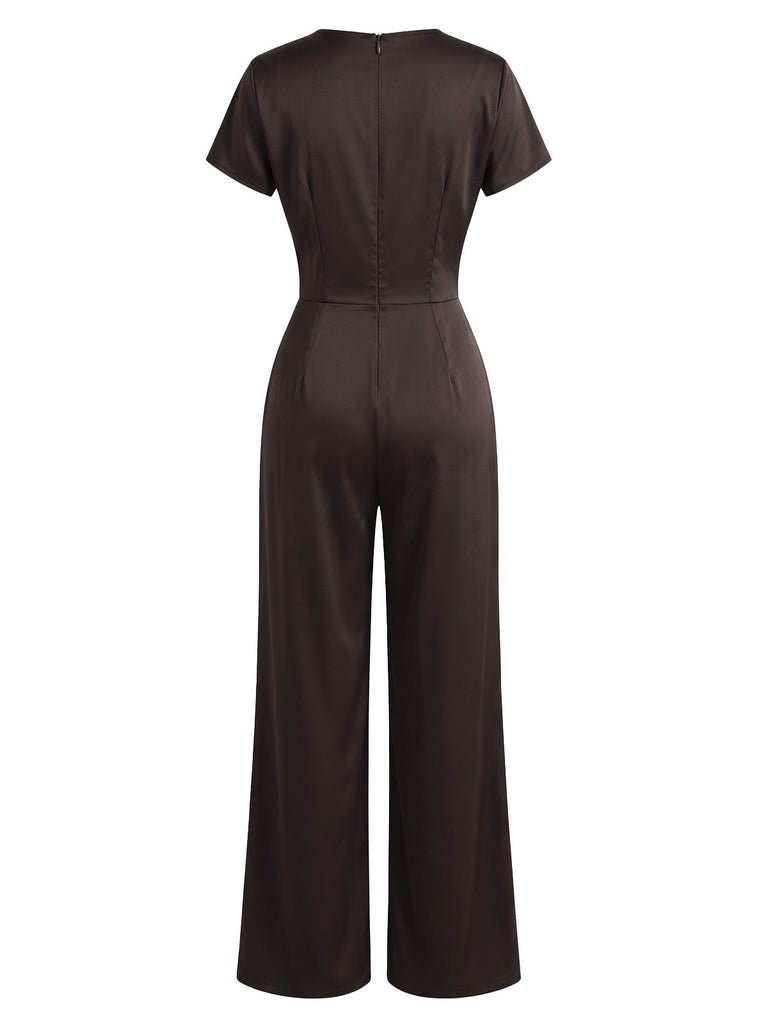 Combinaison marron foncé en satin à col drapé et jambes larges années 1950